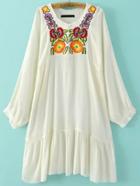 Shein White Embroidered Pleated Hem Dress
