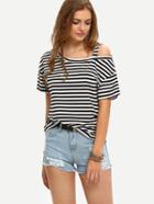 Shein Black White Stipe Cold Shoulder Short Sleeve T-shirt