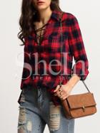 Shein Red Check Chest Pocket Lace Up Blouse