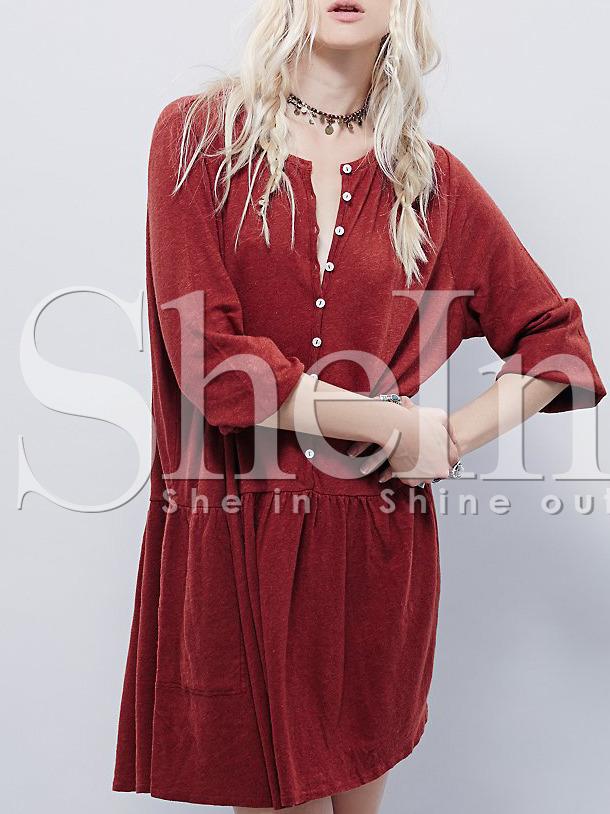 Shein Wine Red Long Sleeve Pockets Dress