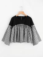 Shein Contrast Yoke Fluted Sleeve Frilled Gingham Top
