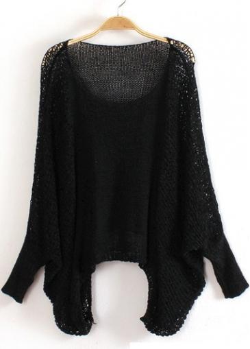 Rosewe Solid Black Round Neck Batwing Sleeve Pullover Sweaters