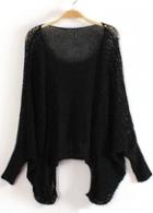 Rosewe Solid Black Round Neck Batwing Sleeve Pullover Sweaters