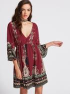 Shein Paisley Print Deep V Neck Backless Tassel Tie Dress