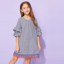 Shein Girls Layered Sleeve Tassel Hem Gingham Dress