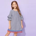 Shein Girls Layered Sleeve Tassel Hem Gingham Dress