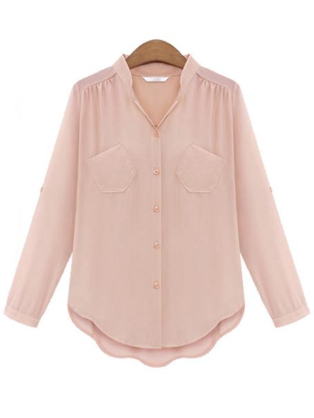 Shein V Neck Dip Hem With Pocket Pink Blouse