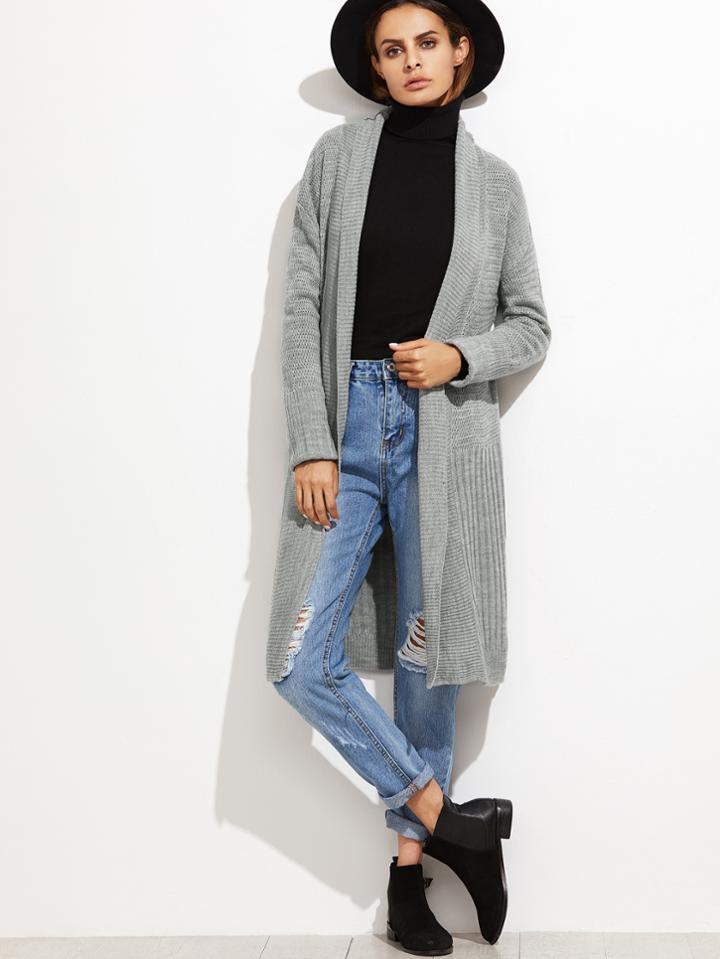 Shein Grey Shawl Collar Eyelet Longline Cardigan