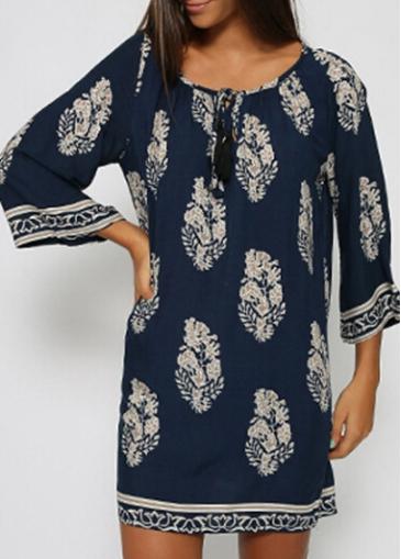 Rosewe Flower Print Round Neck Navy Blue Shift Dress