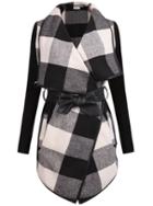 Shein Black White Long Sleeve Plaid Belt Coat