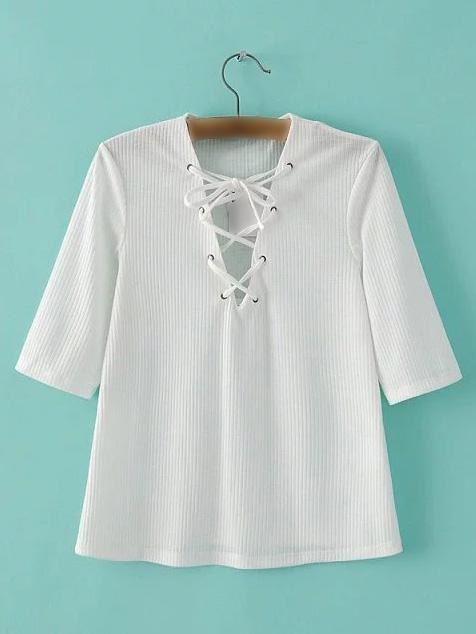 Shein White Half Sleeve Criss Cross Tie T-shirt