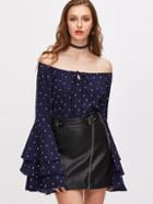 Shein Polka Dot Off The Shoulder Tiered Bell Sleeve Top