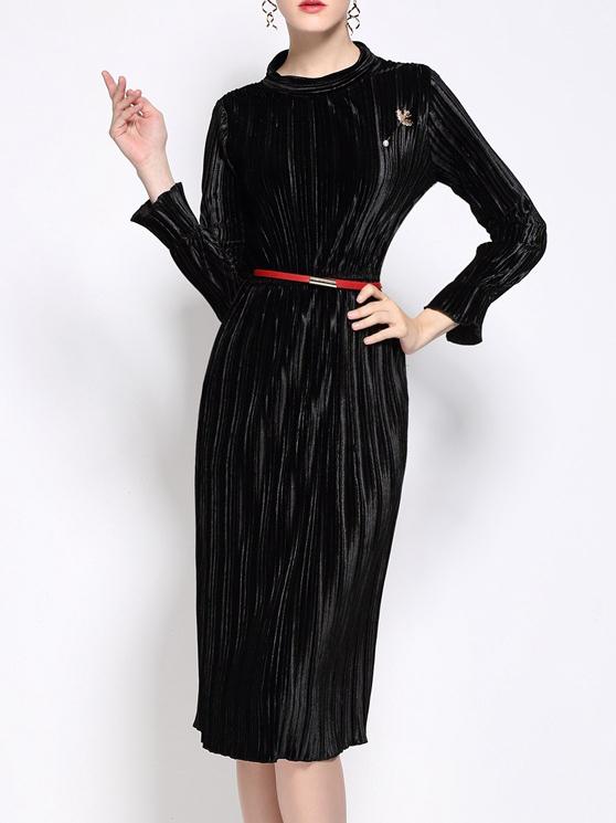 Shein Black Velvet Belted Pleated Sheath Dress