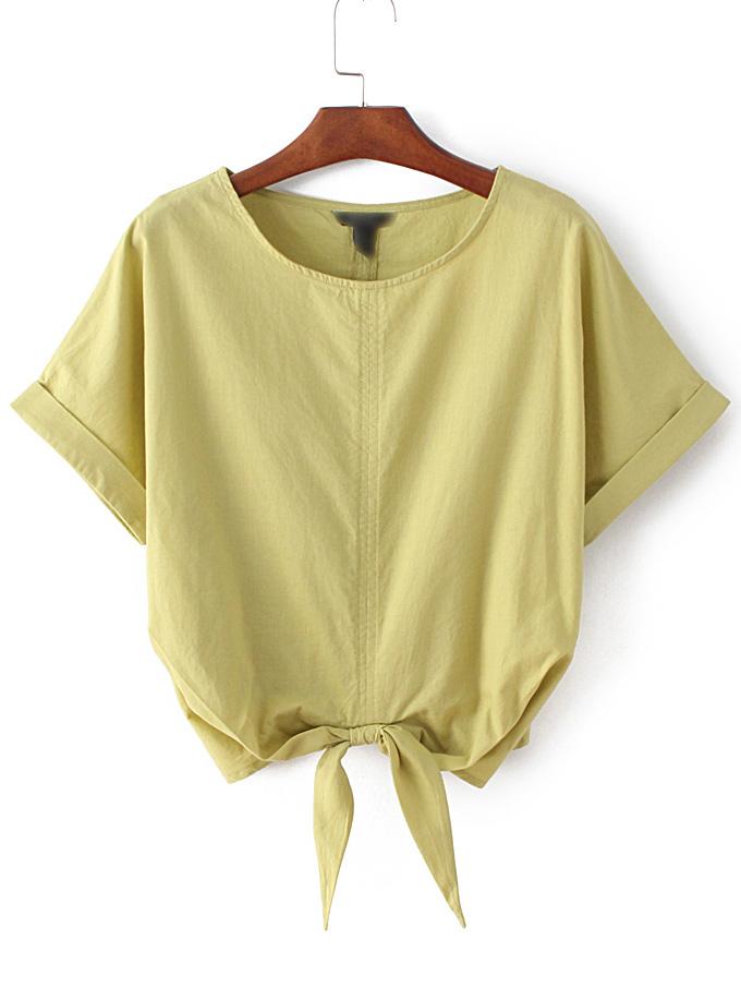 Shein Ginger Roll-up Cuff Elastic Bow Waist Crop Blouse