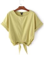 Shein Ginger Roll-up Cuff Elastic Bow Waist Crop Blouse