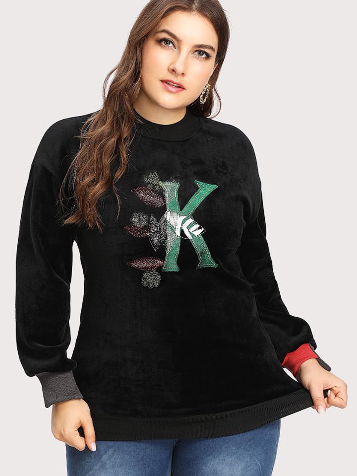 Shein Asymmetric Cuff Embroidered Velvet Pullover
