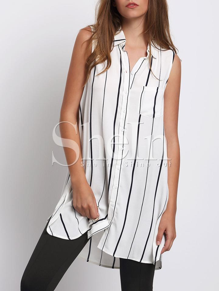 Shein Vertical Stripe In White Sleeveless Blouse