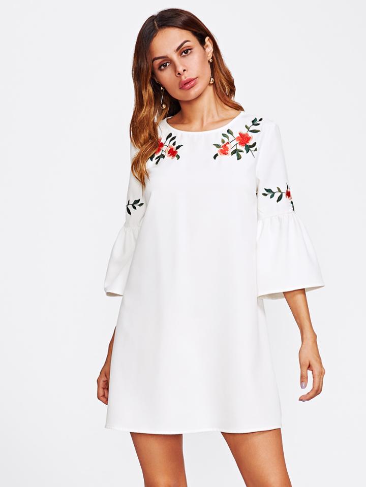 Shein Trumpet Sleeve Flower Embroidered Dress