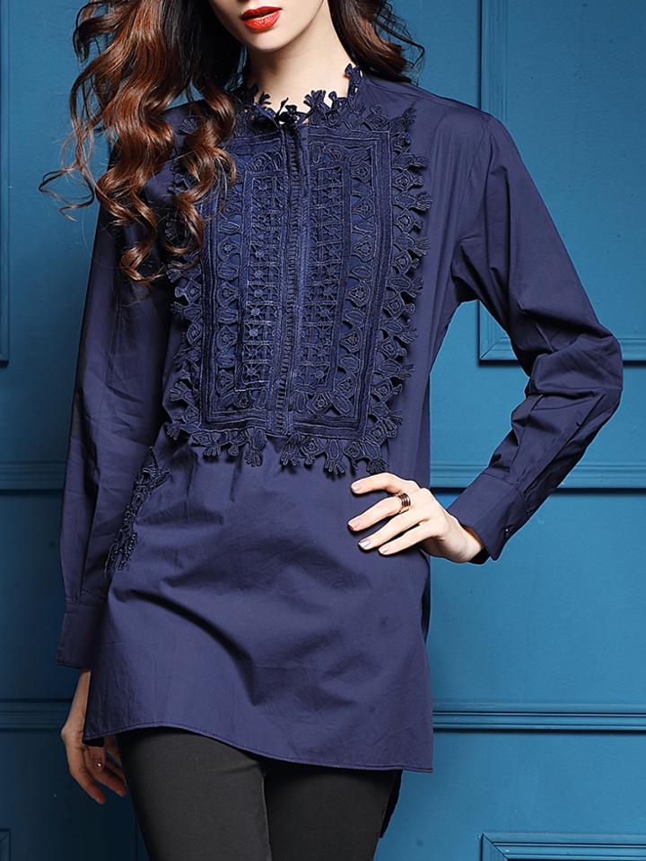 Shein Blue Contrast Crochet High Low Blouse