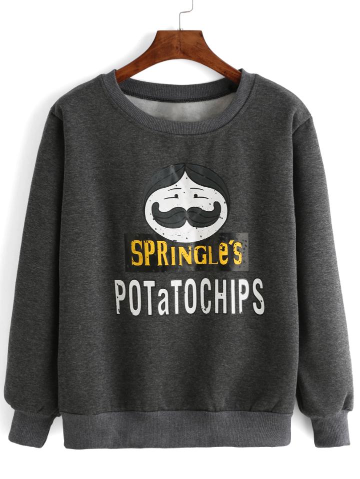 Shein Grey Crew Neck Cartoon Print Sweatshirt