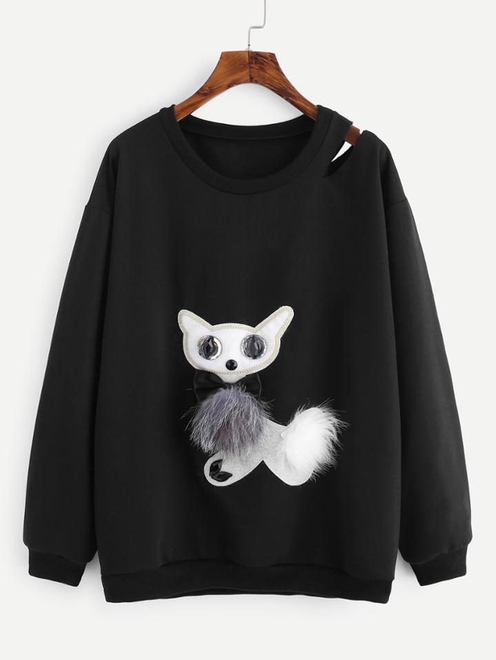 Shein Cutout Neck Fox Patch Sweatshirt
