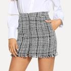 Shein Zip Front Frayed Tweed Skirt