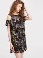 Shein Black Floral Open Shoulder Ruffle Dress