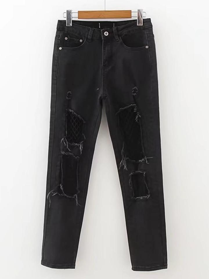 Shein Fishnet Paneled Destroyed Jeans