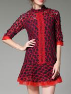 Shein Red Contrast Navy Mesh Lace Dress