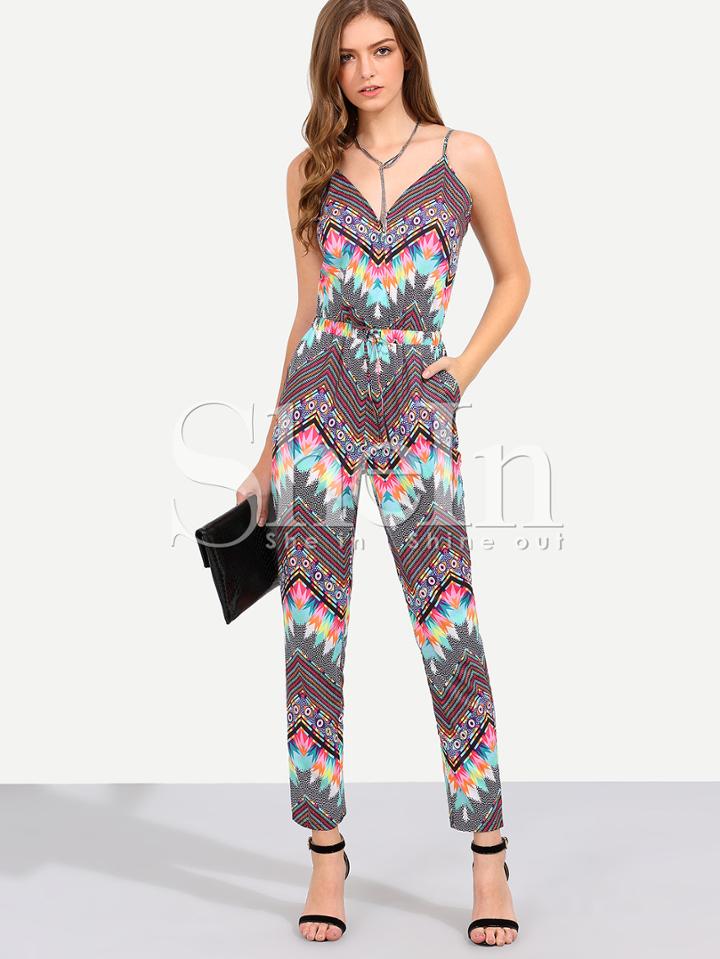 Shein Multicolor Print Spaghetti Strap Pockets Jumpsuit