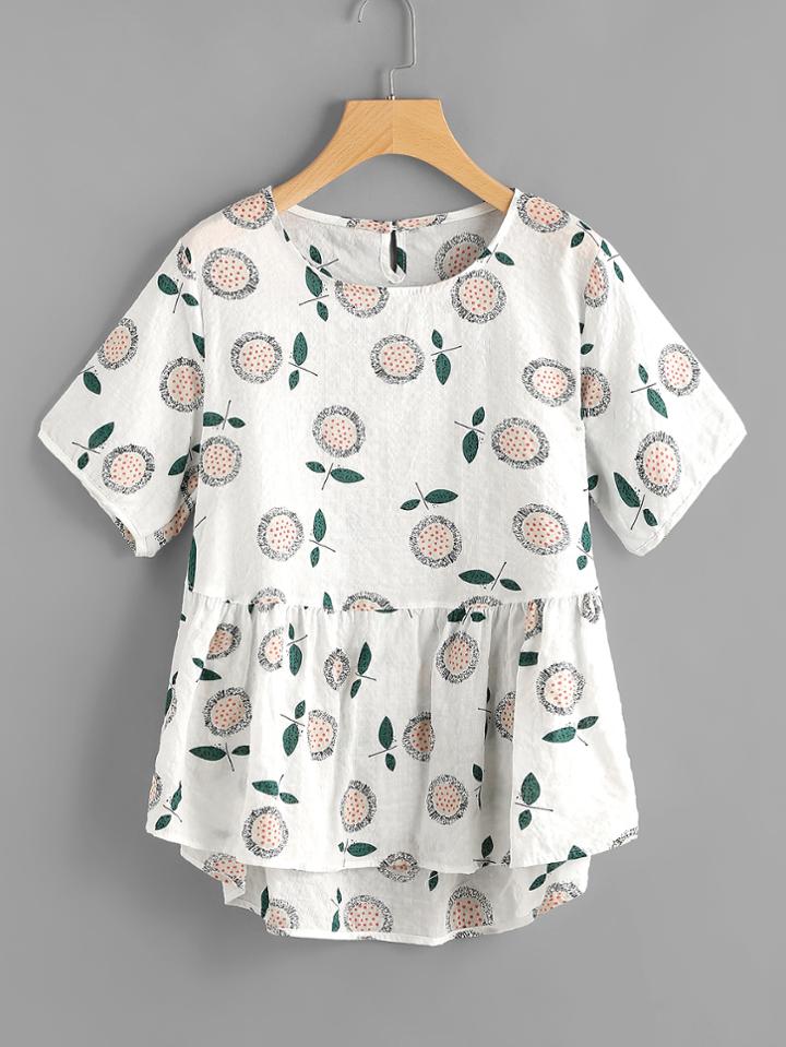 Shein Flowers Print Keyhole Back Dip Hem Smock Blouse
