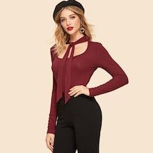 Shein Tie Neck Rib Knit Top