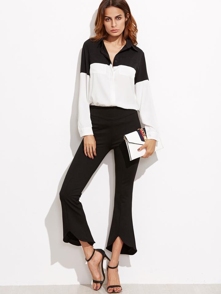 Shein Contrast Pocket Front Hidden Button Blouse