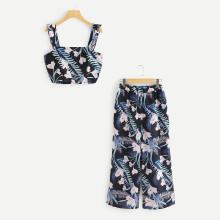 Shein Frill Trim Botanical Print Crop Top With Pants