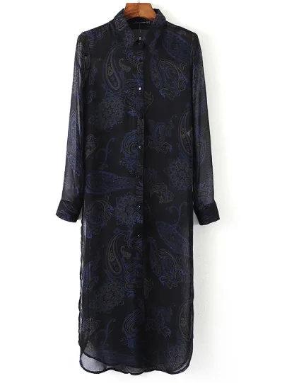Shein Multicolor Long Sleeve Floral Split Shirt Dress