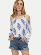 Shein Blue Print In White Cold Shoulder Blouse
