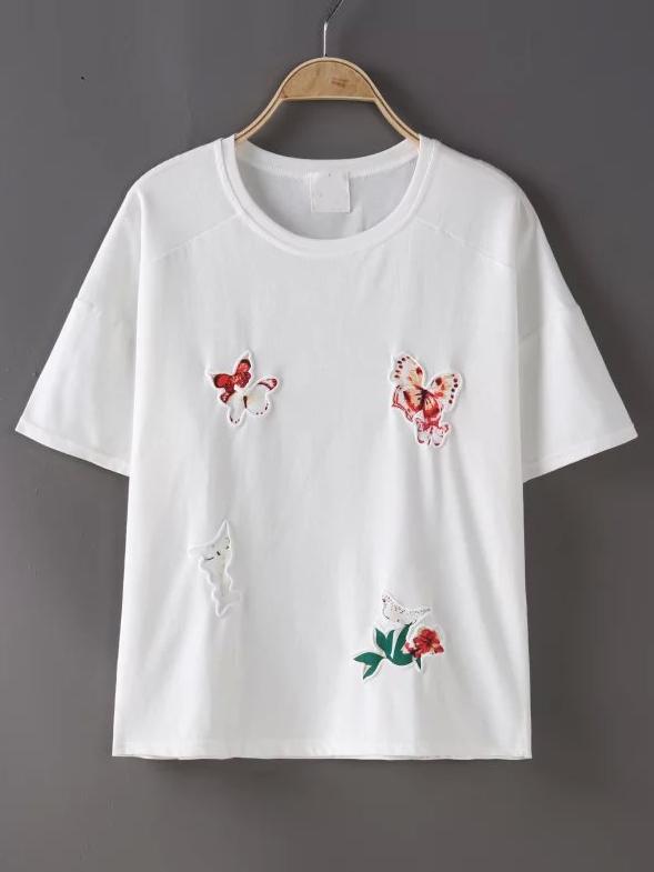 Shein White Crew Neck Butterfly Print T-shirt