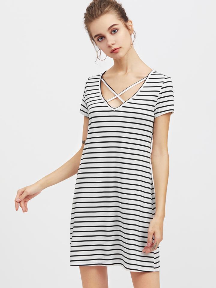 Shein Crisscross V Neck Striped Tee Dress