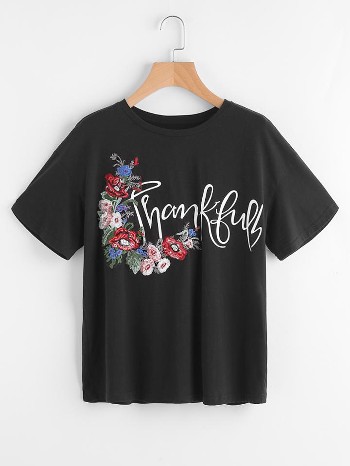 Shein Drop Shoulder Flower Embroidered Tee