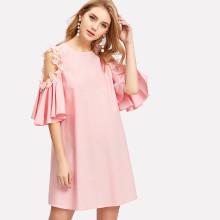 Shein Pearl And Applique Embellished Cold Shoulder Dress