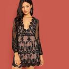Shein Plunging Neck Embroidered Mesh Dress
