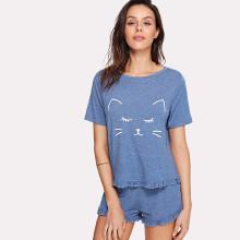 Shein Cat Print Ruffle Hem Pajama Tee
