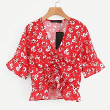 Shein Calico Print Drawstring Front Ruffle Blouse