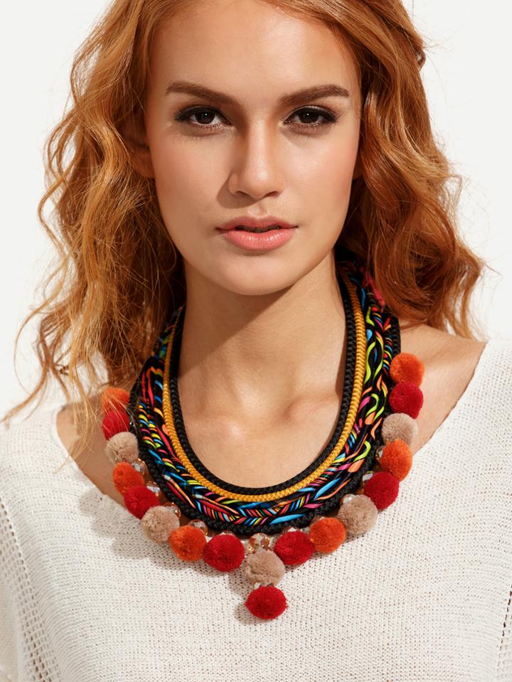 Shein Exotic Multilayer Braided Pompom Necklace