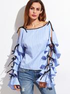 Shein Striped Bow Tie Split Ruffle Sleeve Blouse