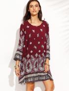 Shein Burgundy Vintage Print Long Sleeve Shift Dress