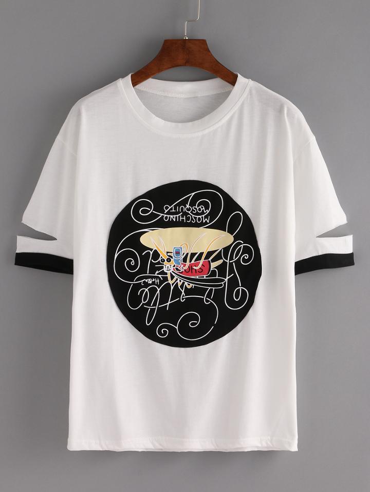 Shein Contrast Graphic Patch Ripped Sleeve T-shirt - White