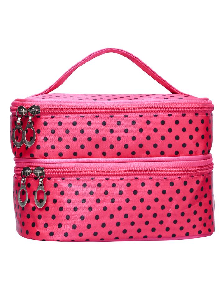 Shein Hot Pink Polka Dot Double Layers Cosmetic Bag