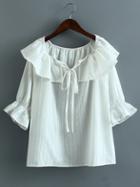 Shein White Boat Neck Bell Sleeve Ruffle Self Tie Blouse