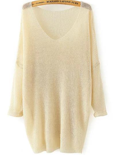 Shein Beige V Neck Long Sleeve Knit Loose Sweater